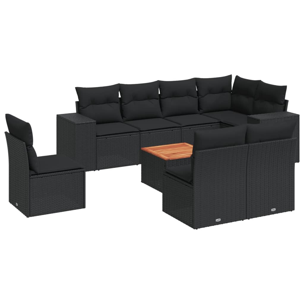 Set Divani da Giardino 9 pz con Cuscini Nero in Polyrattan