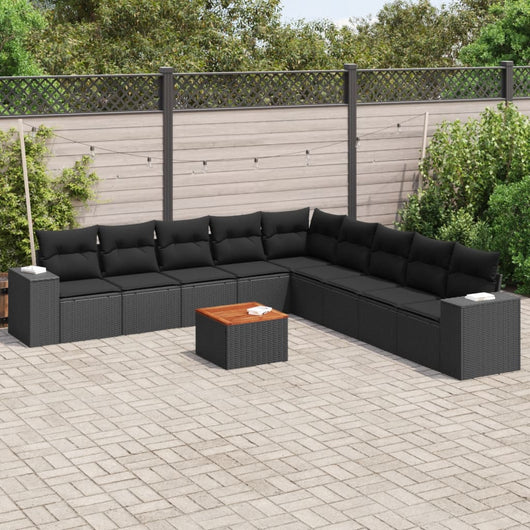 Set Divani da Giardino 10pz con Cuscini in Polyrattan Nero