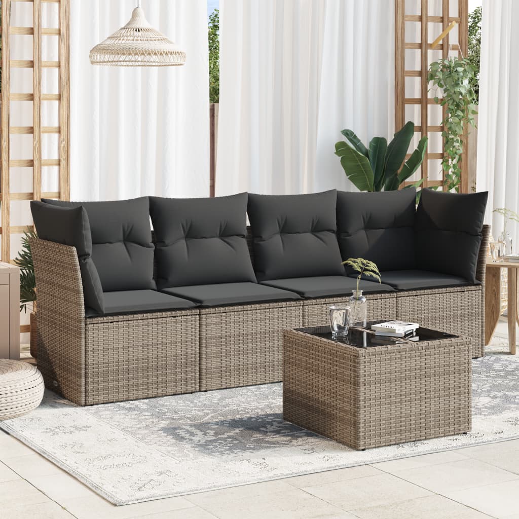 Set Divano da Giardino 5 pz con Cuscini-Sofa da Giardino-Divanetto da esterno Grigio in Polyrattan 615147