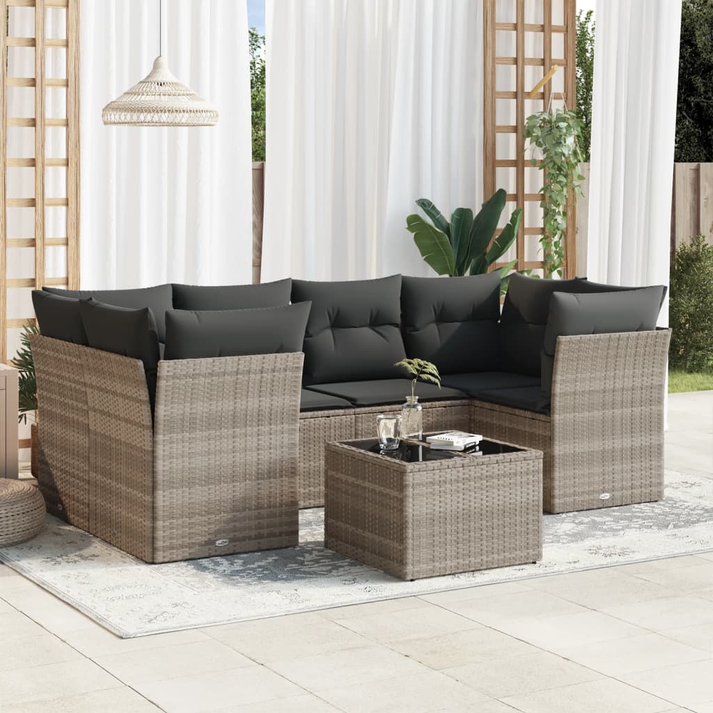 Set Divani da Giardino 7pz con Cuscini Grigio Chiaro Polyrattan