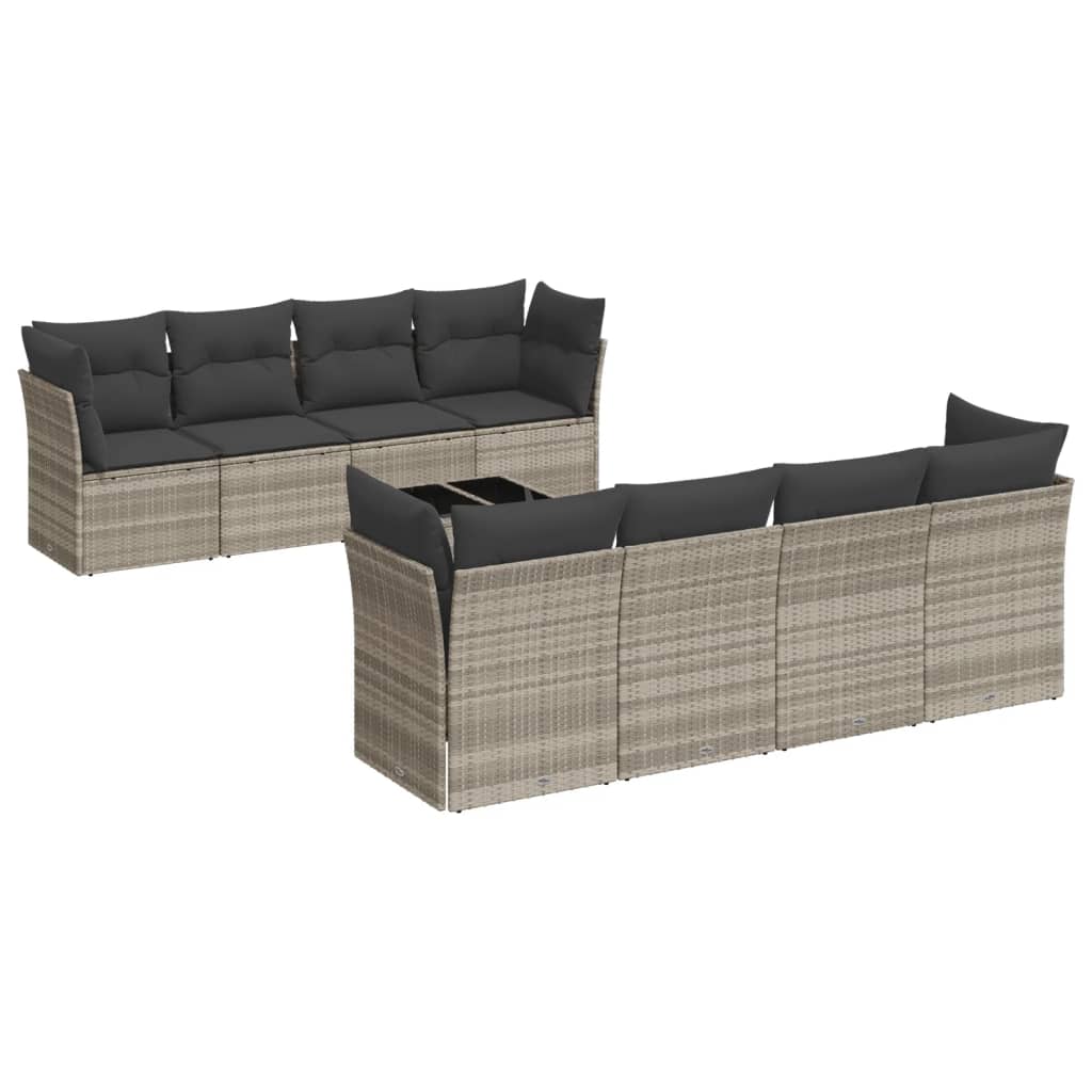 Set Divano da Giardino 9pz con Cuscini Grigio Chiaro Polyrattan
