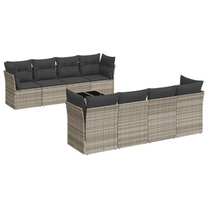 Set Divano da Giardino 9pz con Cuscini Grigio Chiaro Polyrattan
