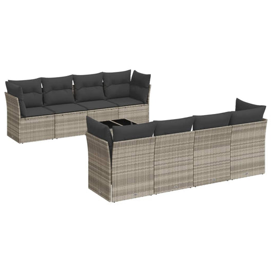 Set Divano da Giardino 9pz con Cuscini Grigio Chiaro Polyrattan