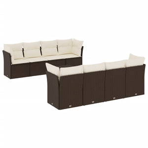 Set Divani da Giardino 9pz con Cuscini Marrone in Polyrattan