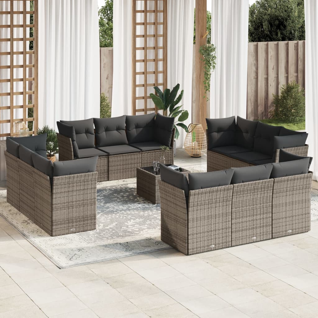Set Divani da Giardino 13 pz con Cuscini Grigio in Polyrattan