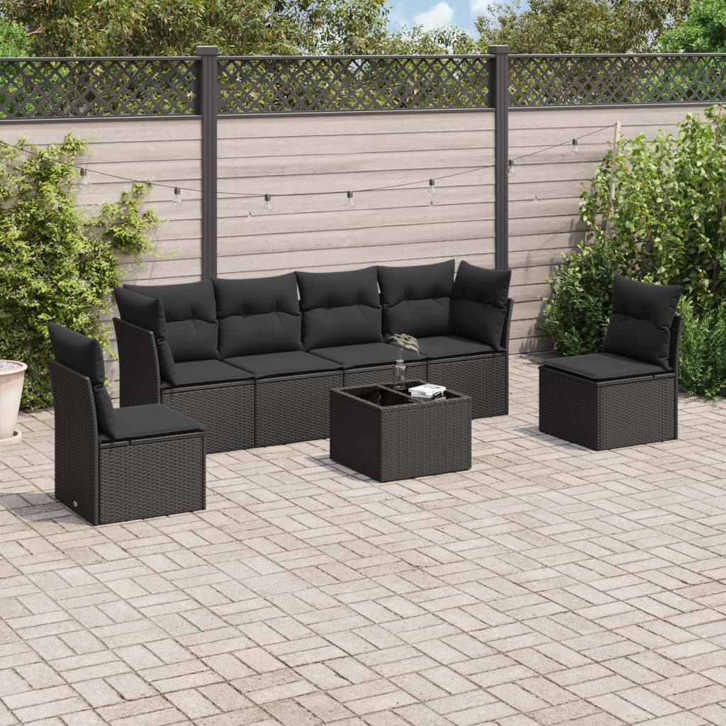 Set Divani da Giardino con Cuscini 7pz Nero Polyrattan