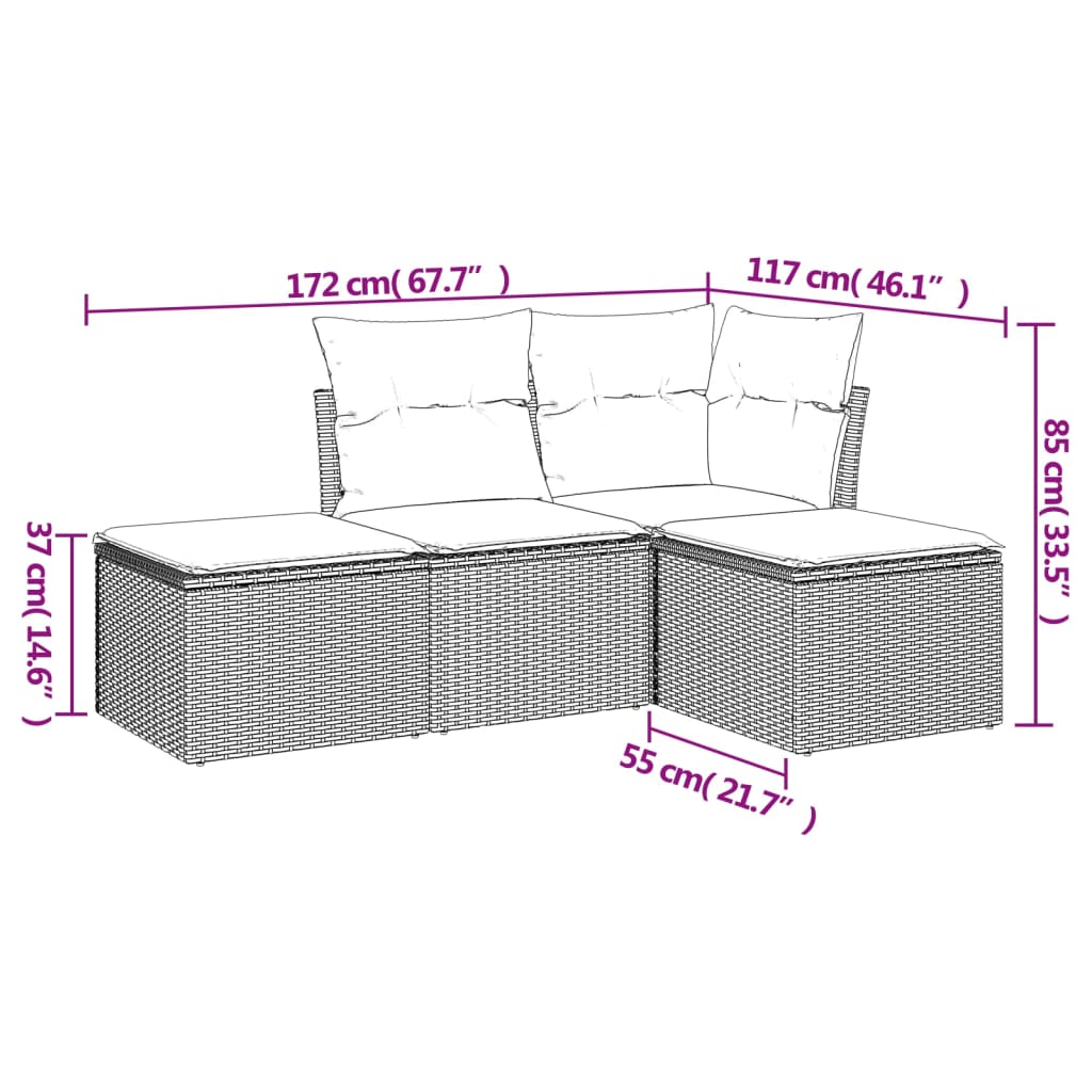 Set Divano da Giardino 4 pz con Cuscini-Sofa da Giardino-Divanetto da esterno Marrone in Polyrattan 580796