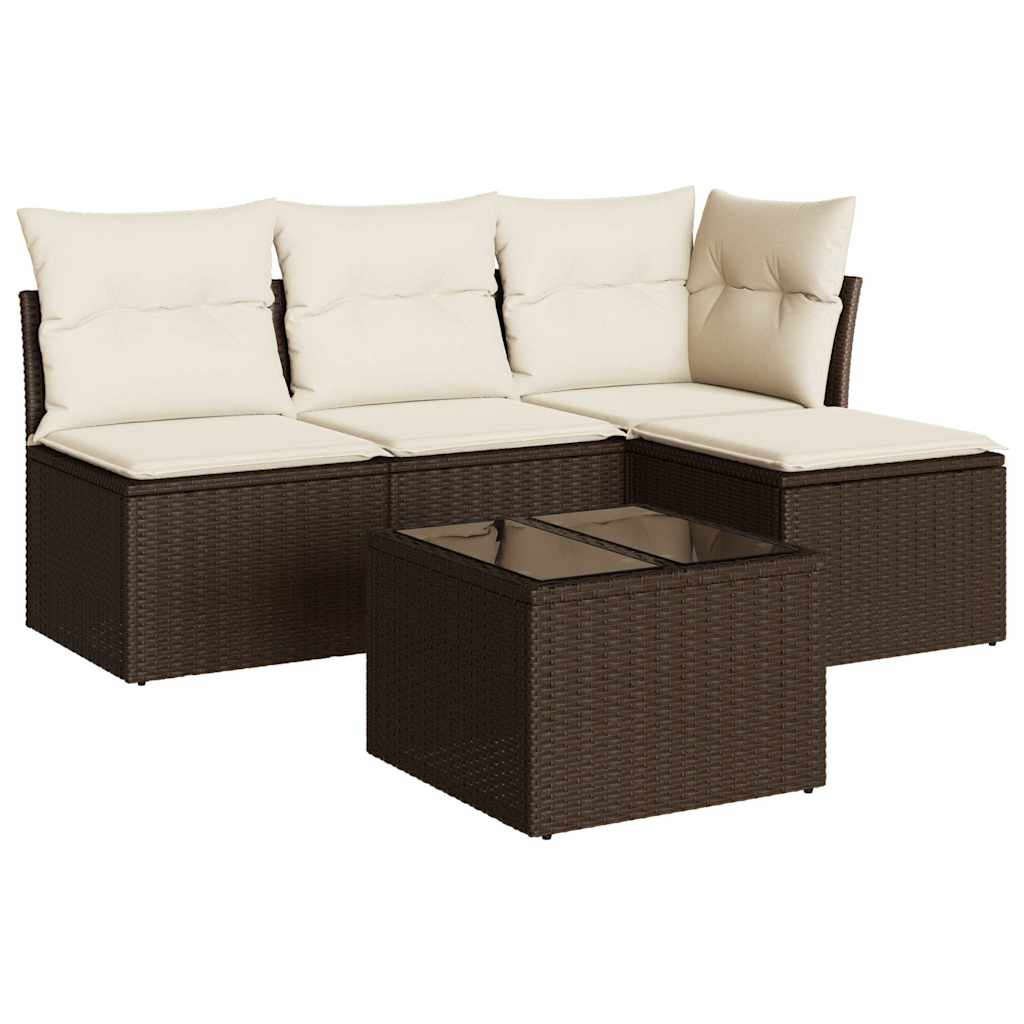 Set Divano da Giardino 5 pz con Cuscini-Sofa da Giardino-Divanetto da esterno Marrone in Polyrattan 586318