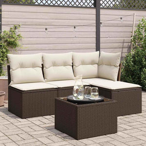 Set Divano da Giardino 5 pz con Cuscini-Sofa da Giardino-Divanetto da esterno Marrone in Polyrattan 586318