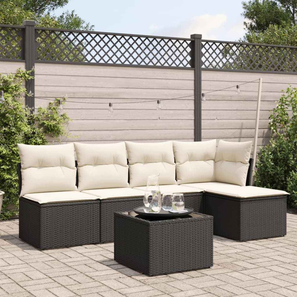 Set Divano da Giardino 6 pz con Cuscini-Sofa da Giardino-Divanetto da esterno Nero in Polyrattan 628955