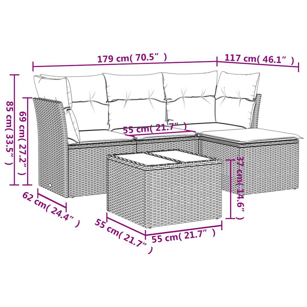 Set Divano da Giardino 5pz con Cuscini Grigio Chiaro Polyrattan