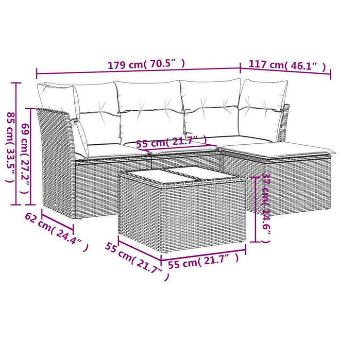 Set Divano da Giardino 5pz con Cuscini Grigio Chiaro Polyrattan