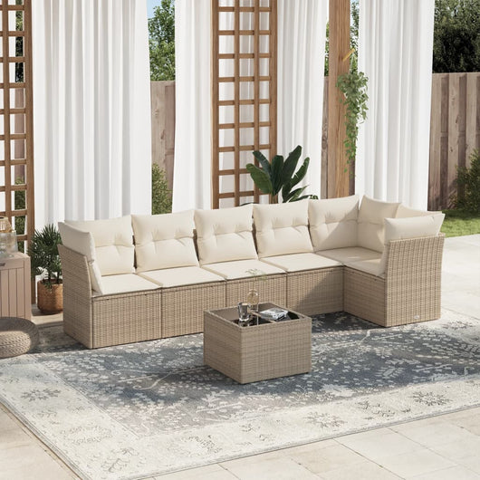 Set Divani da Giardino 7 pz con Cuscini Beige in Polyrattan