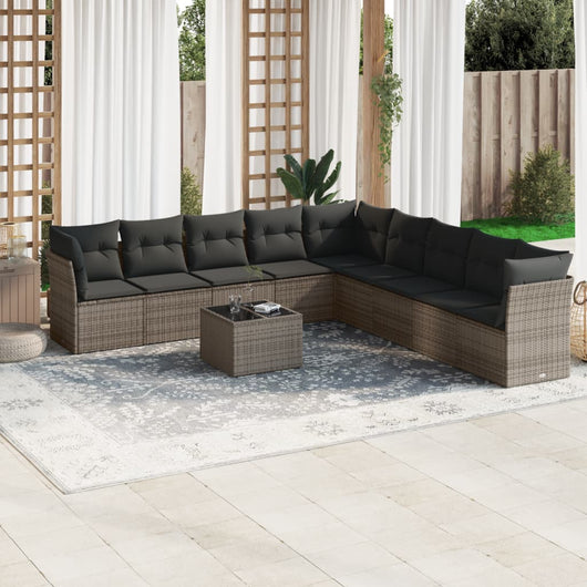 Set Divano da Giardino 10 pz con Cuscini Grigio in Polyrattan
