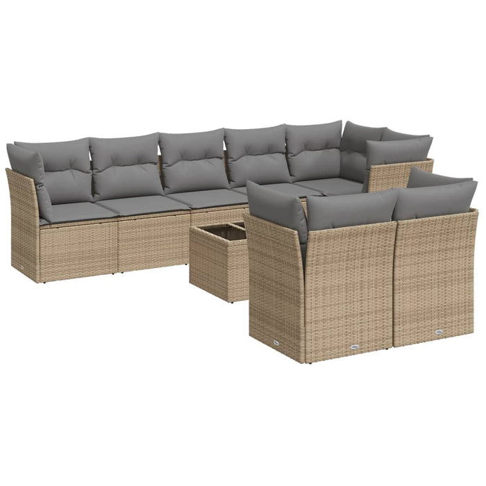 Set Divano da Giardino 9 pz con Cuscini Beige in Polyrattan