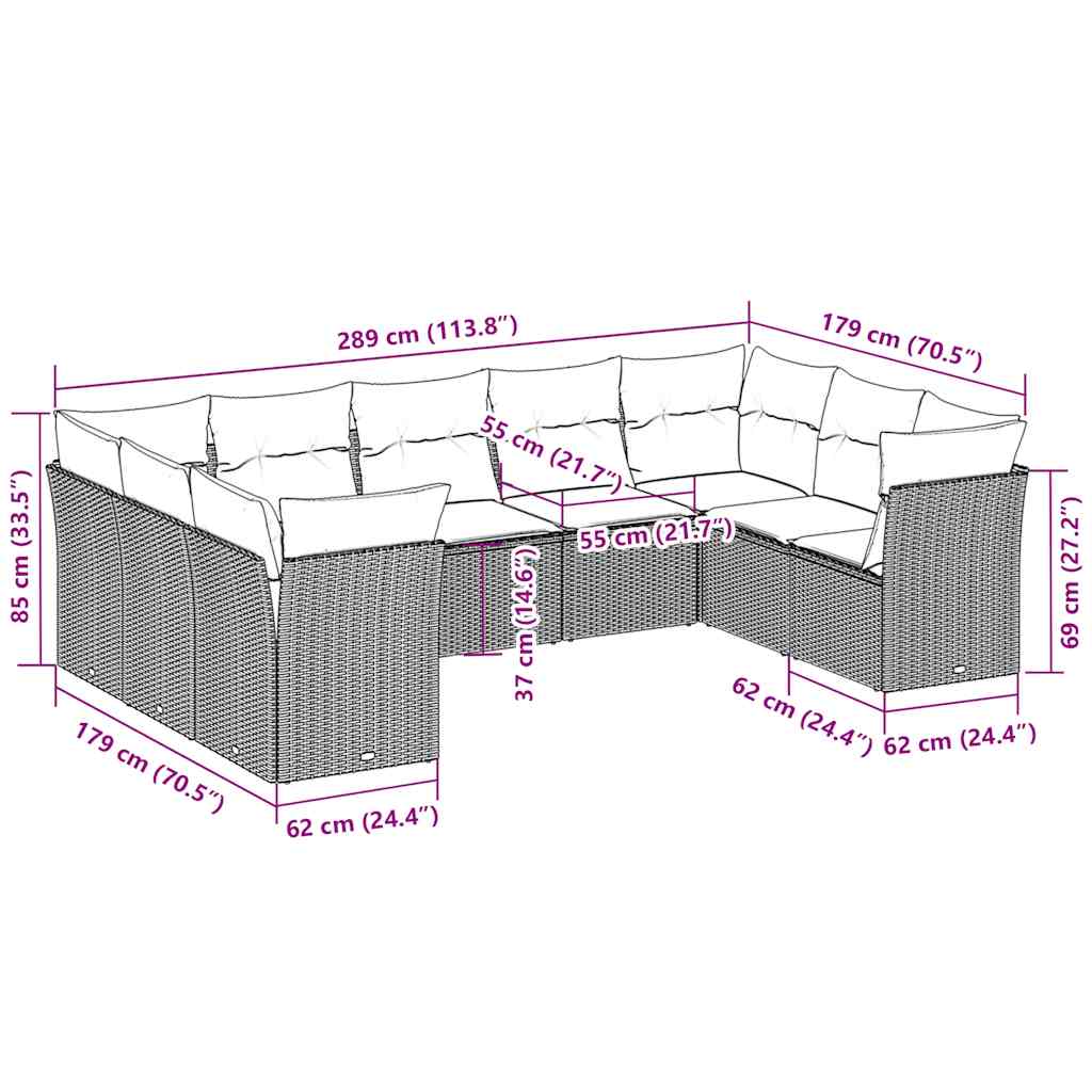 vidaXL Set Divano da Giardino 9pz con Cuscini Grigio Chiaro Polyrattan