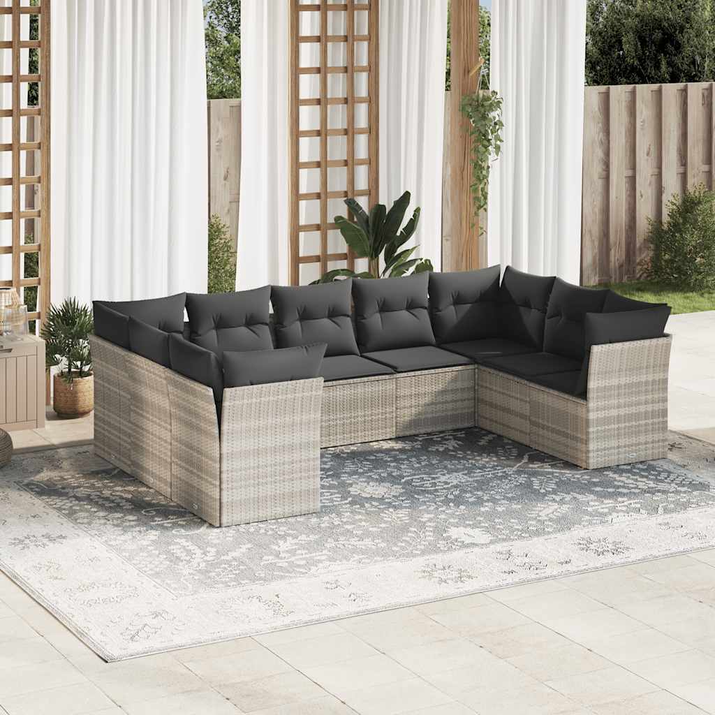 vidaXL Set Divano da Giardino 9pz con Cuscini Grigio Chiaro Polyrattan