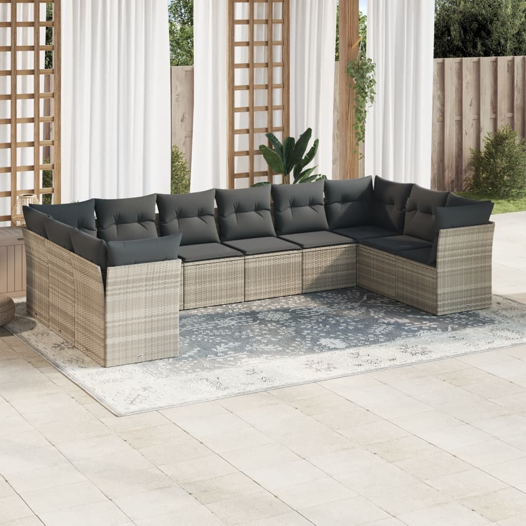 Set Divano Giardino 10 pz con Cuscini Grigio Chiaro Polyrattan