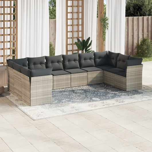 Set Divano Giardino 10 pz con Cuscini Grigio Chiaro Polyrattan