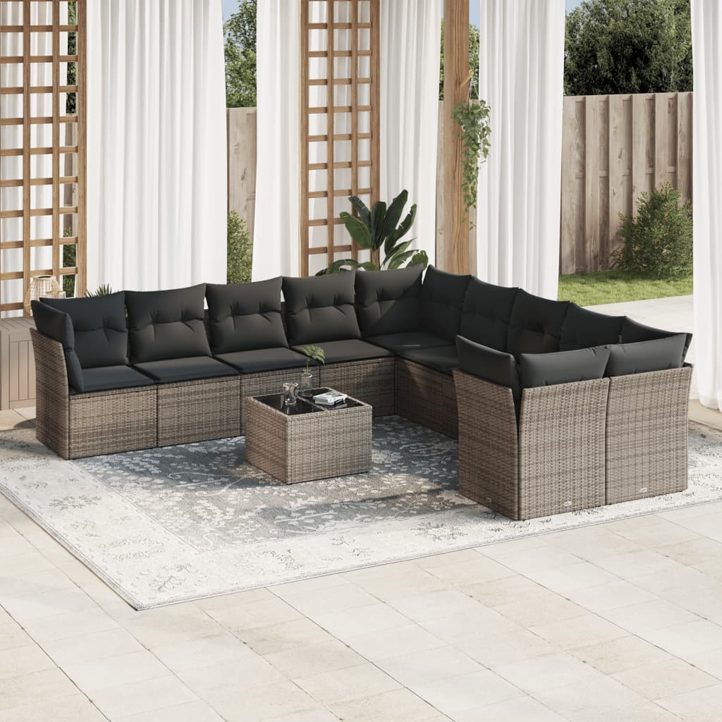 Set Divani da Giardino 11 pz con Cuscini in Polyrattan Grigio