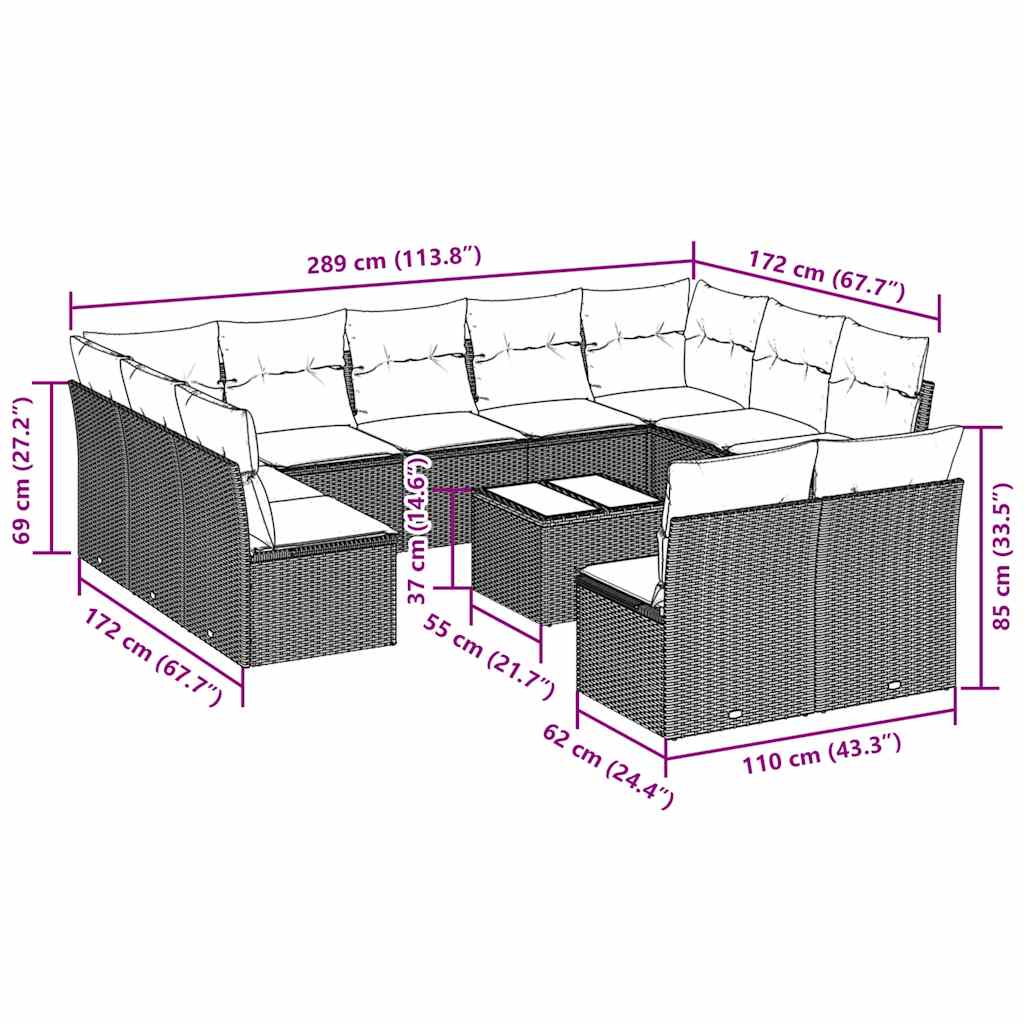 Set Divano Giardino 12 pz con Cuscini Grigio Chiaro Polyrattan