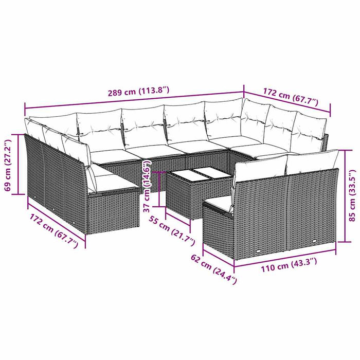 Set Divano Giardino 12 pz con Cuscini Grigio Chiaro Polyrattan