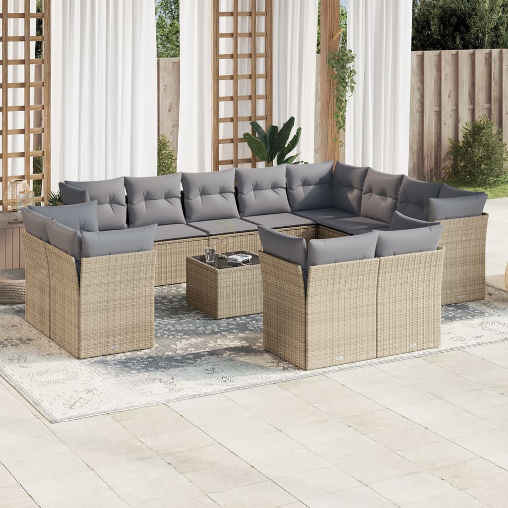 Set Divano da Giardino 13 pz con Cuscini Beige in Polyrattan