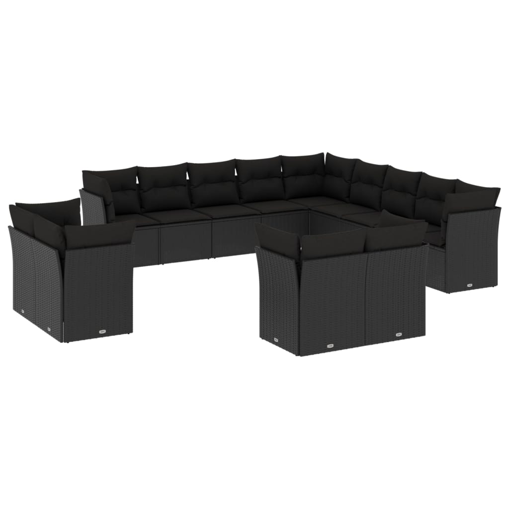 Set Divani da Giardino 13pz con Cuscini Nero in Polyrattan