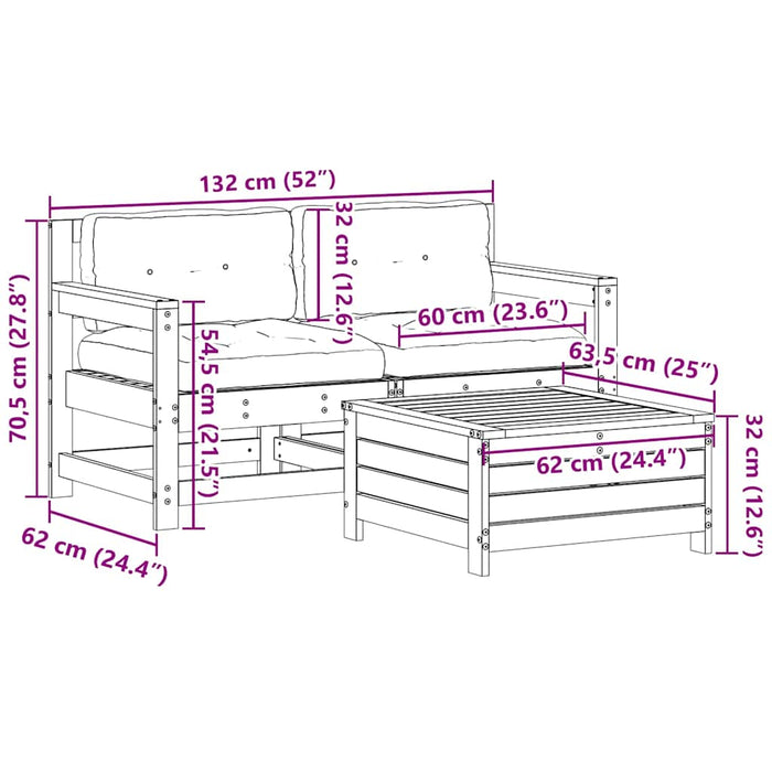 Set Divani da Giardino 3 pz con Cuscini Legno Massello di Pino