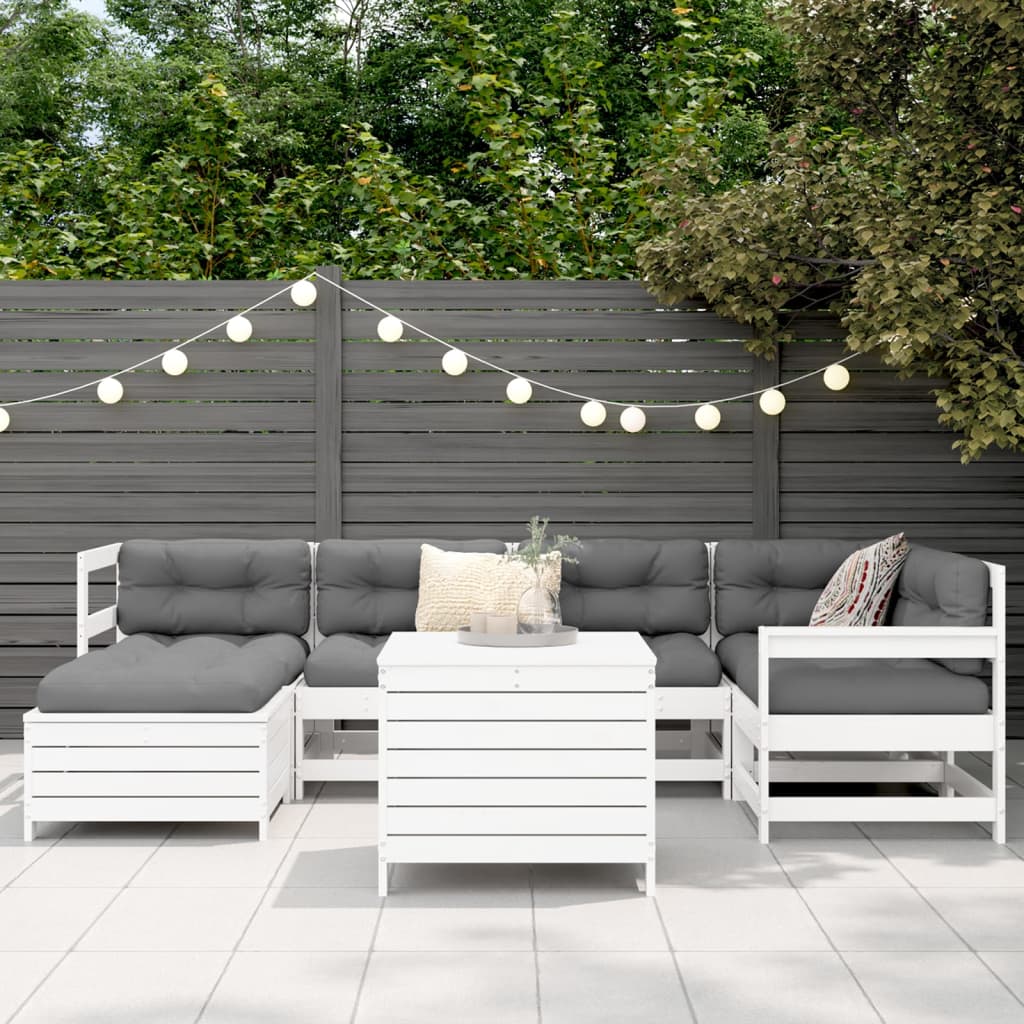 Set Divani da Giardino 7 pz Bianco in Legno Massello di Pino