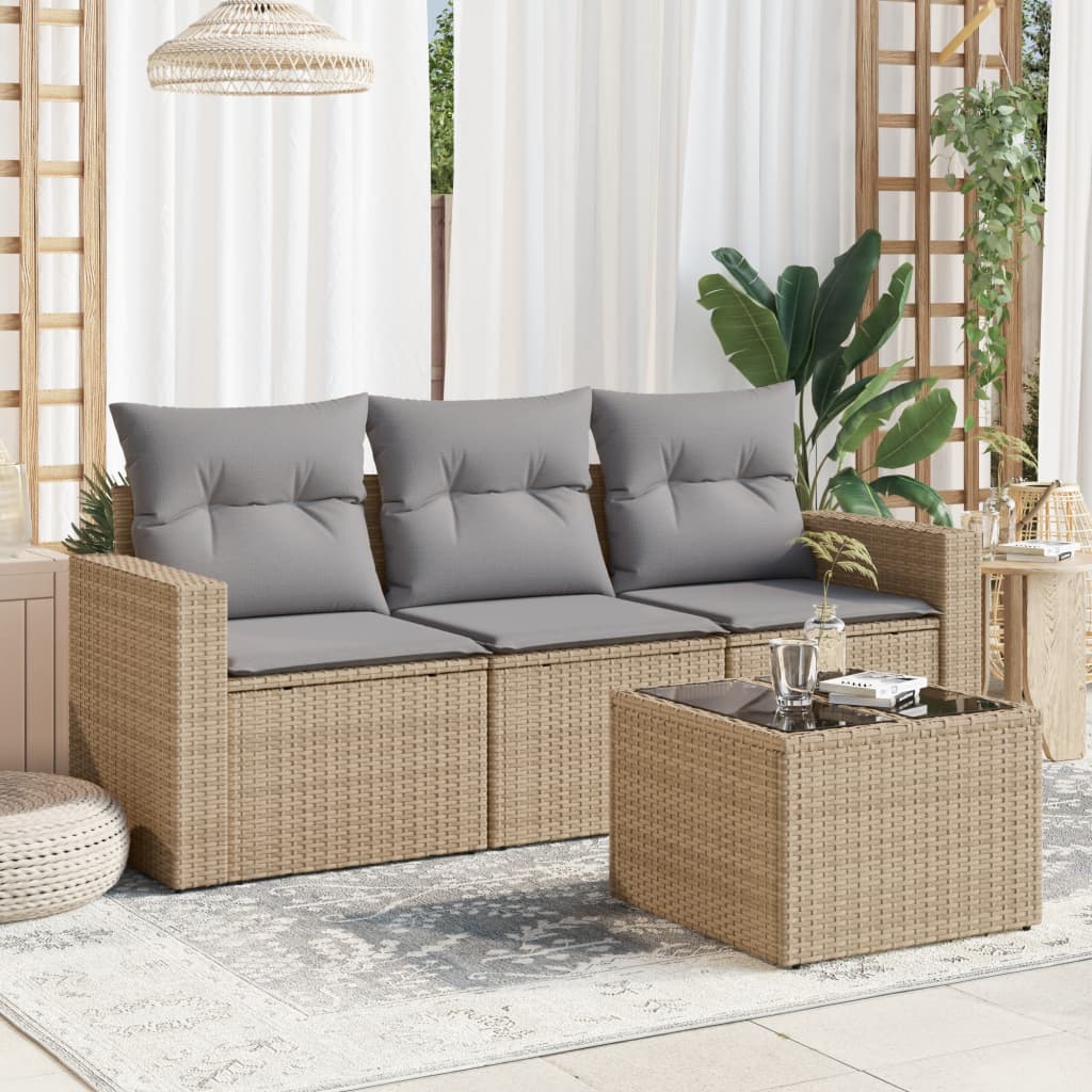 Set Divano da Giardino 4 pz con Cuscini-Sofa da Giardino-Divanetto da esterno Beige in Polyrattan 437087