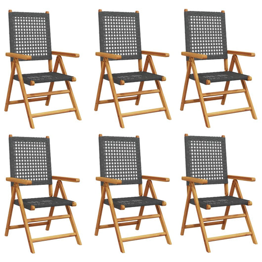 Sedie Giardino Reclinabili 6pz Nere Polyrattan e Legno Massello