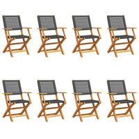 Sedie Giardino Pieghevoli 8 pz Nere Polyrattan e Legno Massello