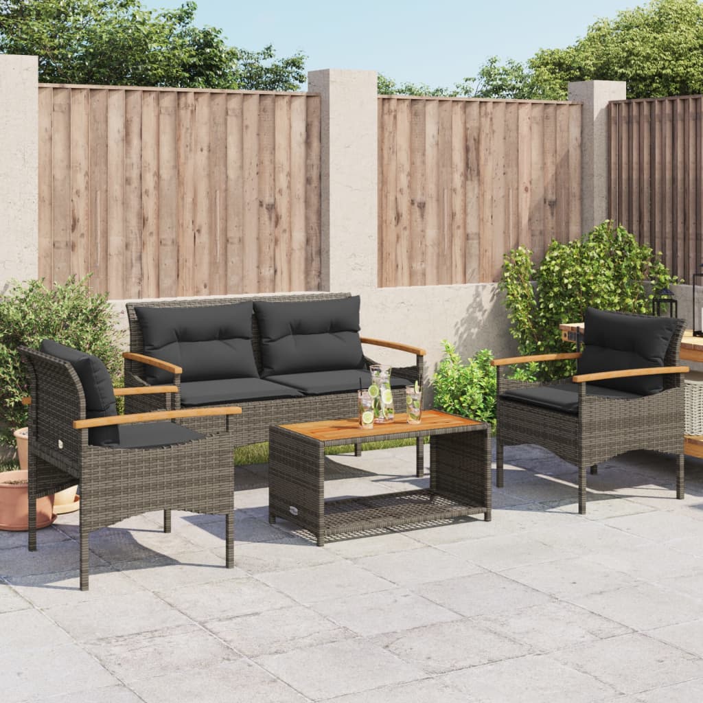 Set Divani da Giardino 4 pz con Cuscini in Polyrattan Grigio