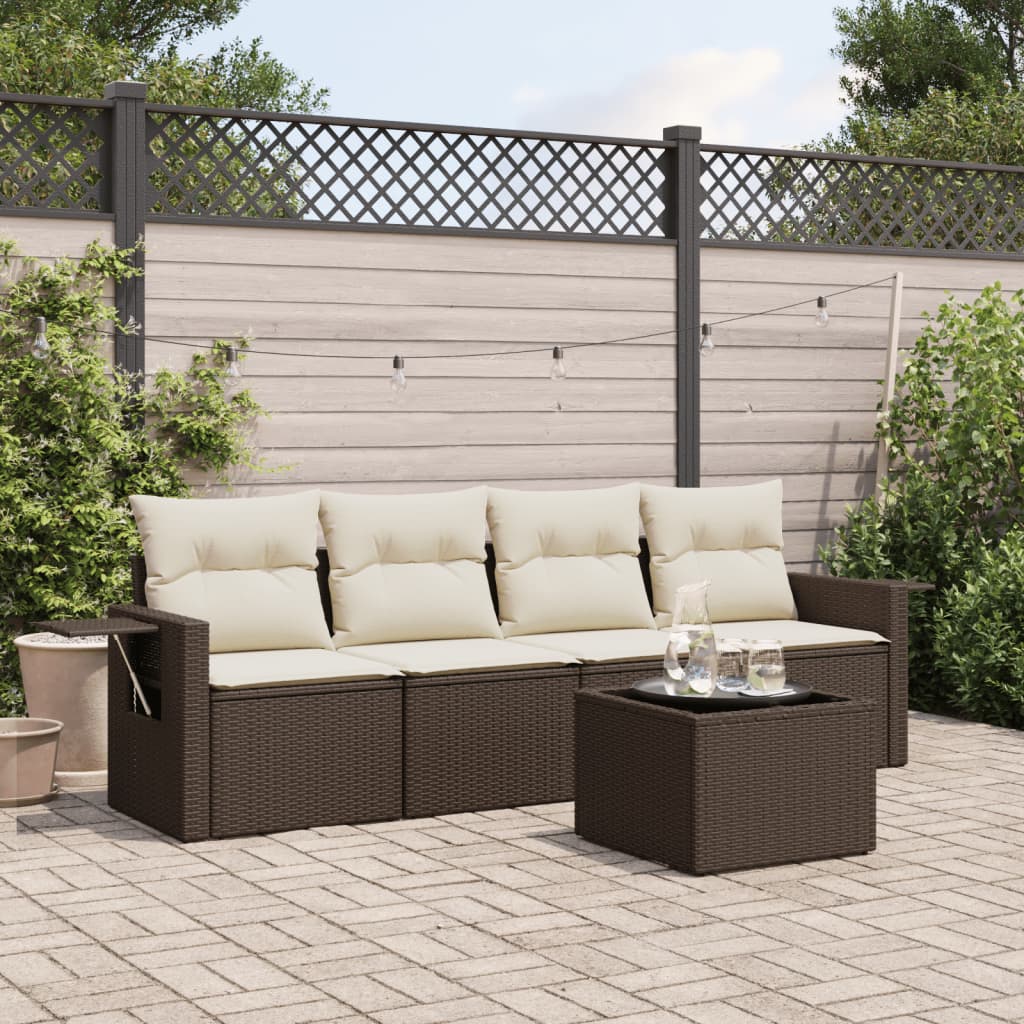 Set Divano da Giardino 5 pz con Cuscini-Sofa da Giardino-Divanetto da esterno Marrone in Polyrattan 121480