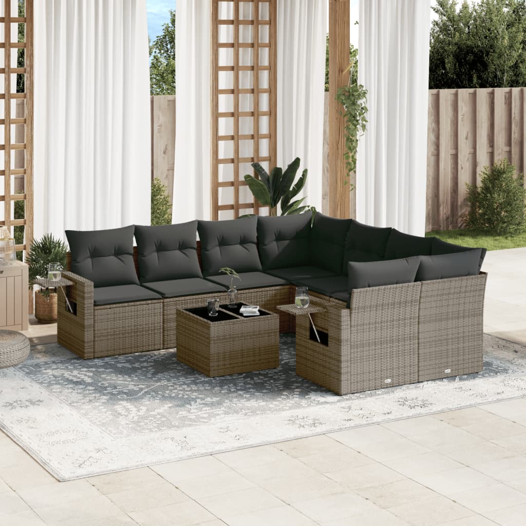 Set Divano da Giardino 9 pz con Cuscini Grigio in Polyrattan
