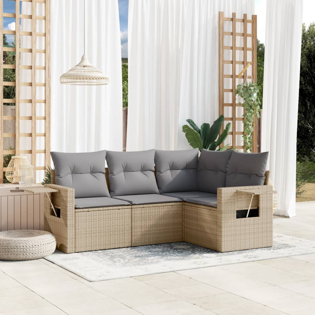 Set Divano da Giardino 4 pz con Cuscini-Sofa da Giardino-Divanetto da esterno Beige in Polyrattan 605384