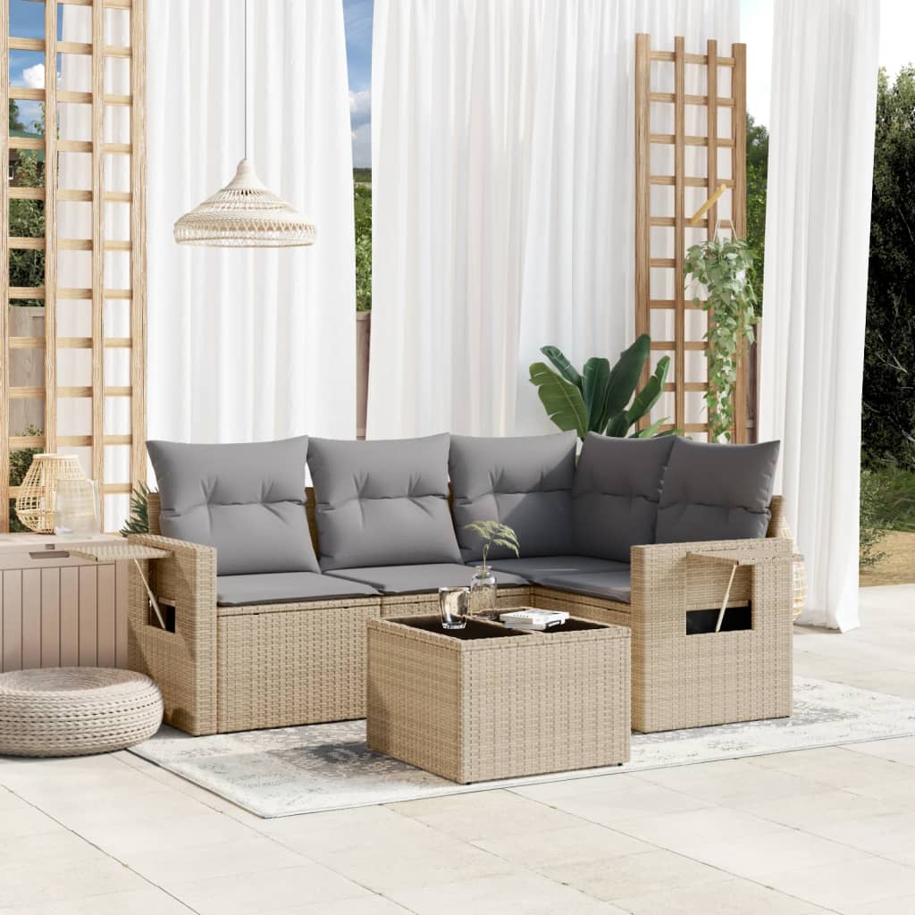 Set Divano da Giardino 5 pz con Cuscini-Sofa da Giardino-Divanetto da esterno Beige in Polyrattan 270760