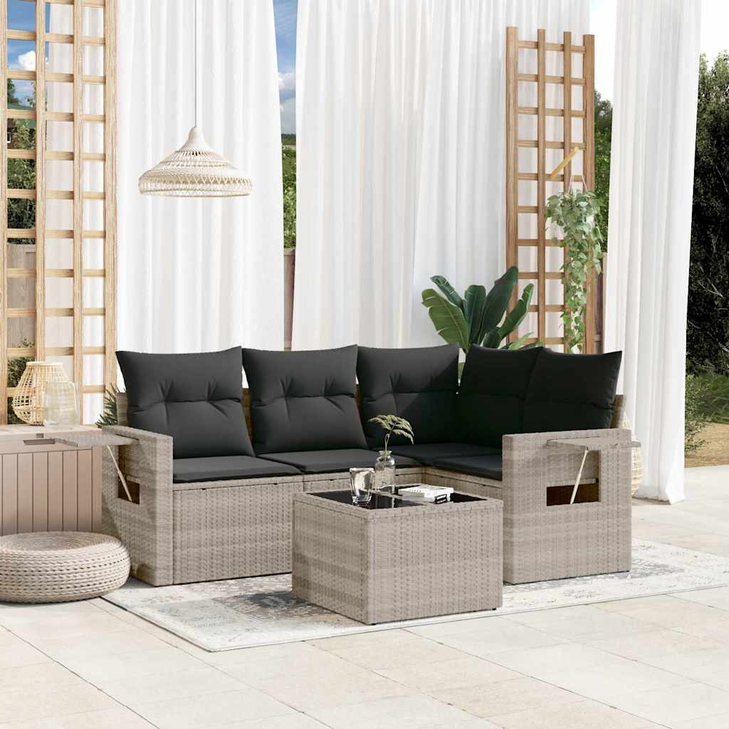 Set Divano da Giardino 5pz con Cuscini-Sofa da Giardino-Divanetto da esterno Grigio Chiaro Polyrattan 760969