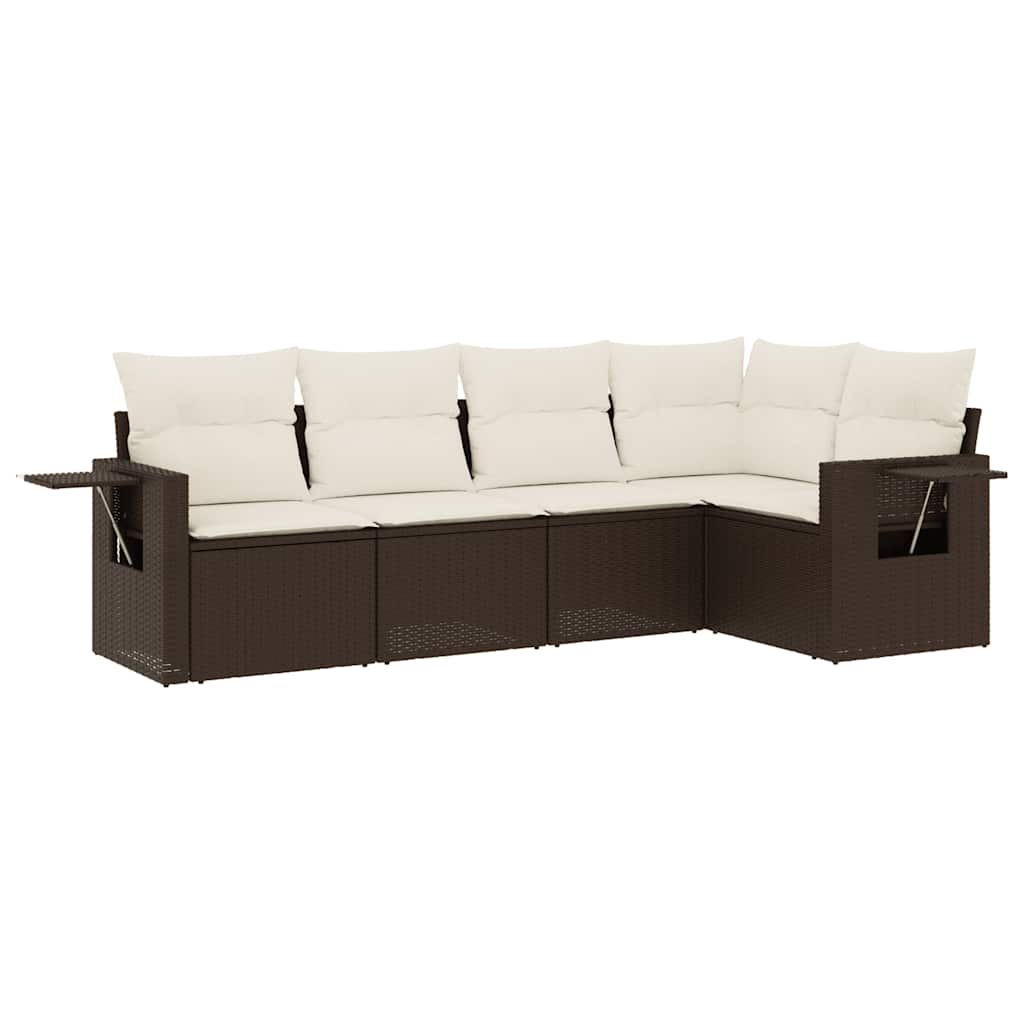 Set Divano da Giardino 5 pz con Cuscini-Sofa da Giardino-Divanetto da esterno Marrone in Polyrattan 678157