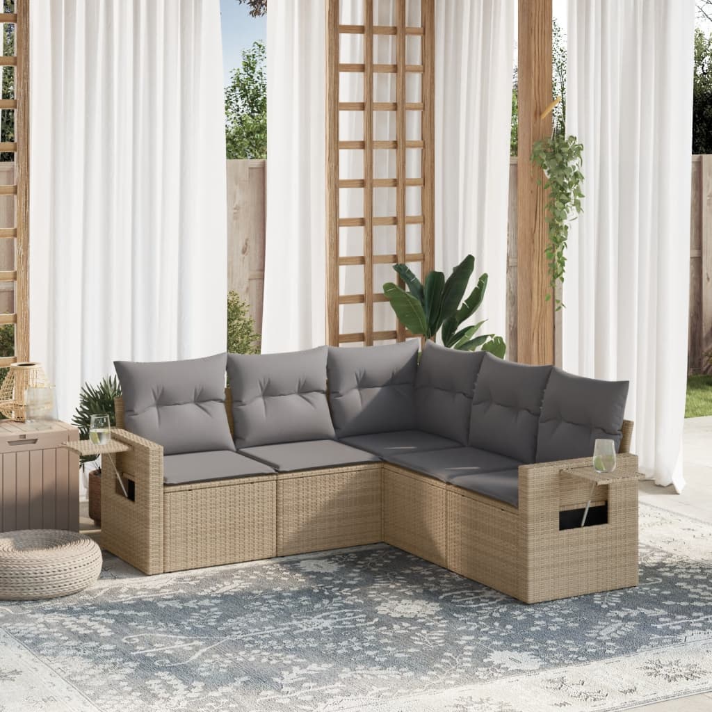 Set Divano da Giardino 5 pz con Cuscini-Sofa da Giardino-Divanetto da esterno Beige in Polyrattan 892135