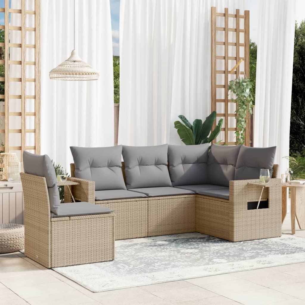 Set Divano da Giardino 5 pz con Cuscini-Sofa da Giardino-Divanetto da esterno Beige in Polyrattan 594666