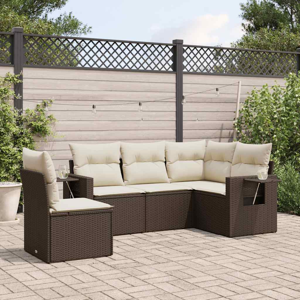 Set Divano da Giardino 5 pz con Cuscini-Sofa da Giardino-Divanetto da esterno Marrone in Polyrattan 515118