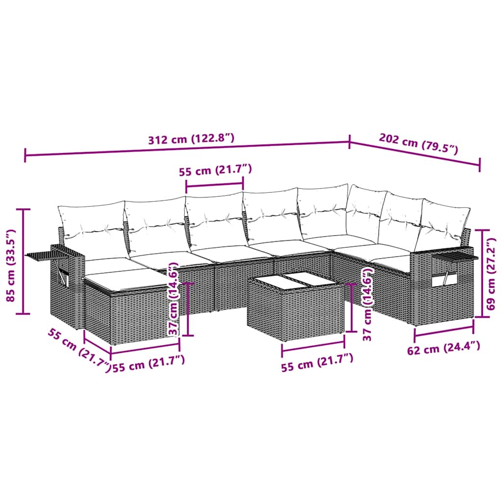 Set Divano da Giardino 9pz con Cuscini Grigio Chiaro Polyrattan