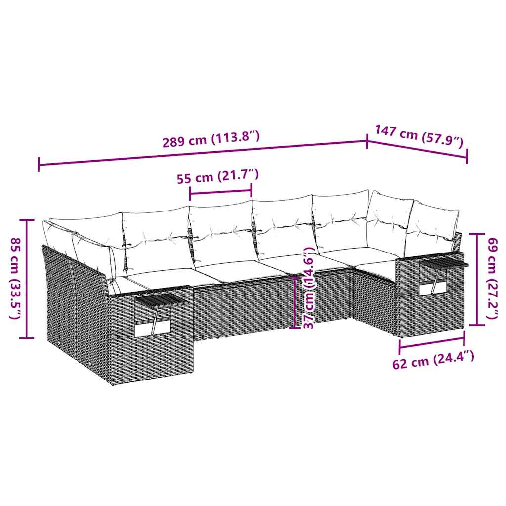 Set Divani da Giardino 7 pz con Cuscini Marrone in Polyrattan