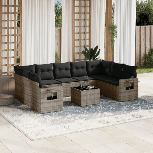 Set Divano da Giardino 10 pz con Cuscini Grigio in Polyrattan