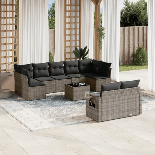 Set Divano da Giardino 10 pz con Cuscini Grigio in Polyrattan