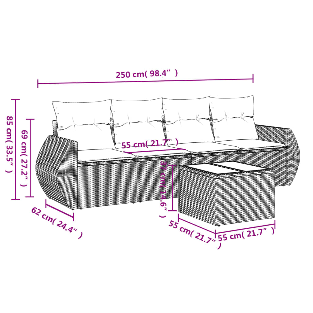 Set Divani da Giardino 5 pz con Cuscini in Polyrattan Nero