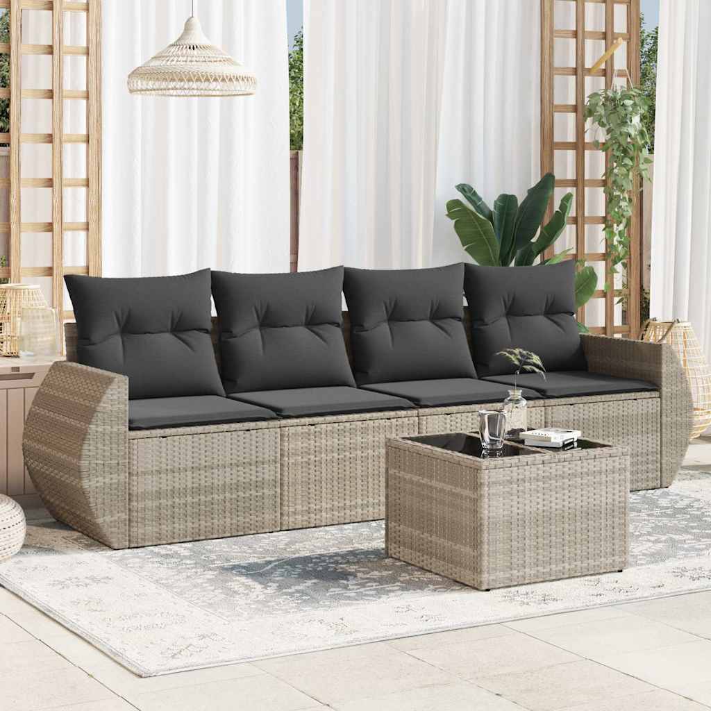 Set Divano da Giardino 5pz con Cuscini Grigio Chiaro Polyrattan