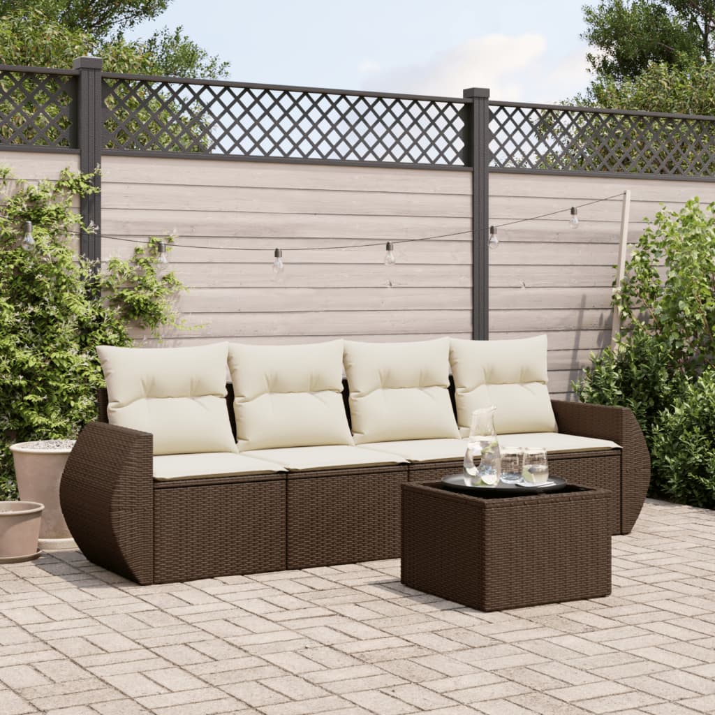 Set Divano da Giardino 5 pz con Cuscini-Sofa da Giardino-Divanetto da esterno Marrone in Polyrattan 206916
